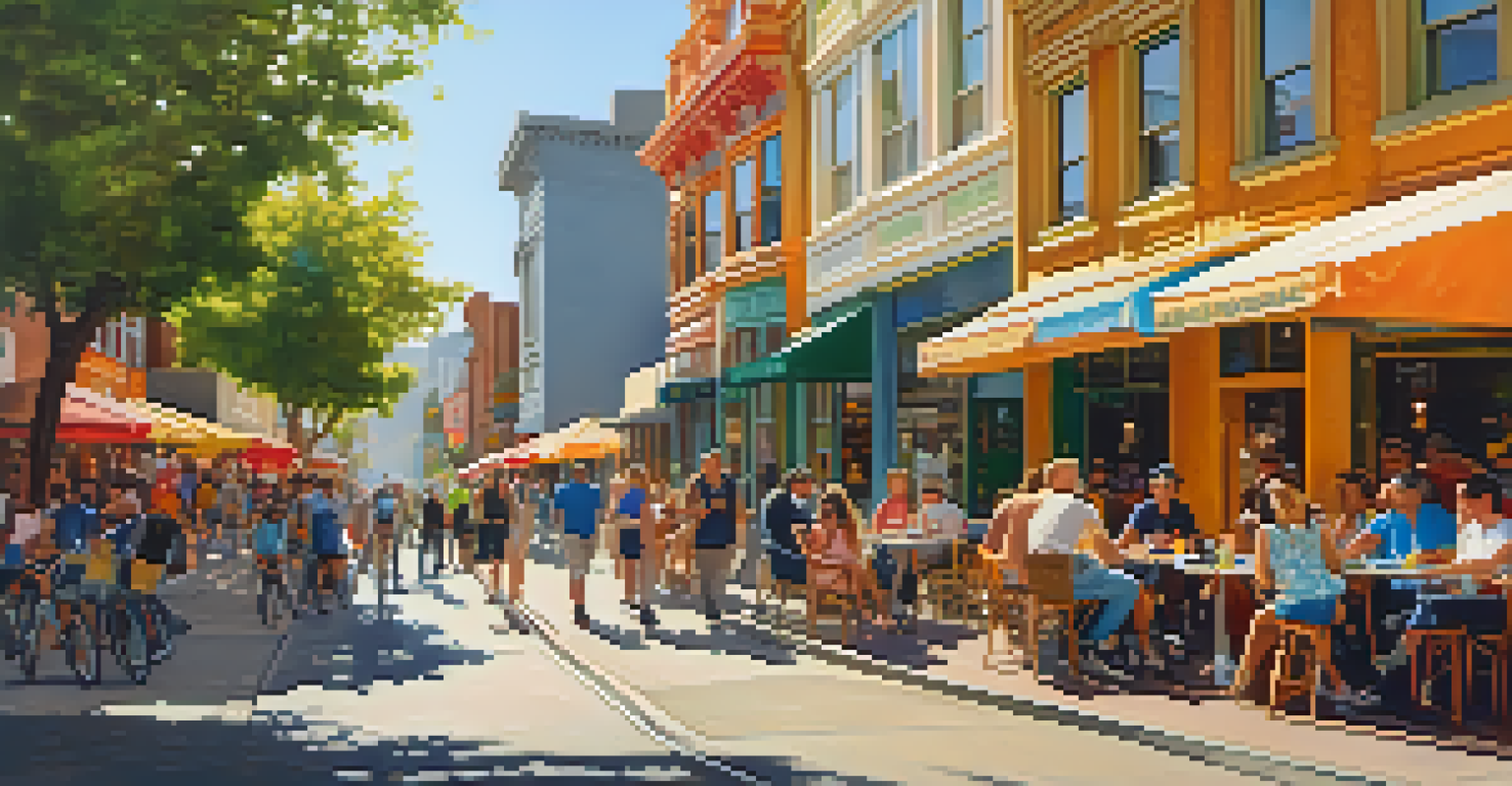 A lively street scene in San Francisco with colorful murals, outdoor cafes, and pedestrians.