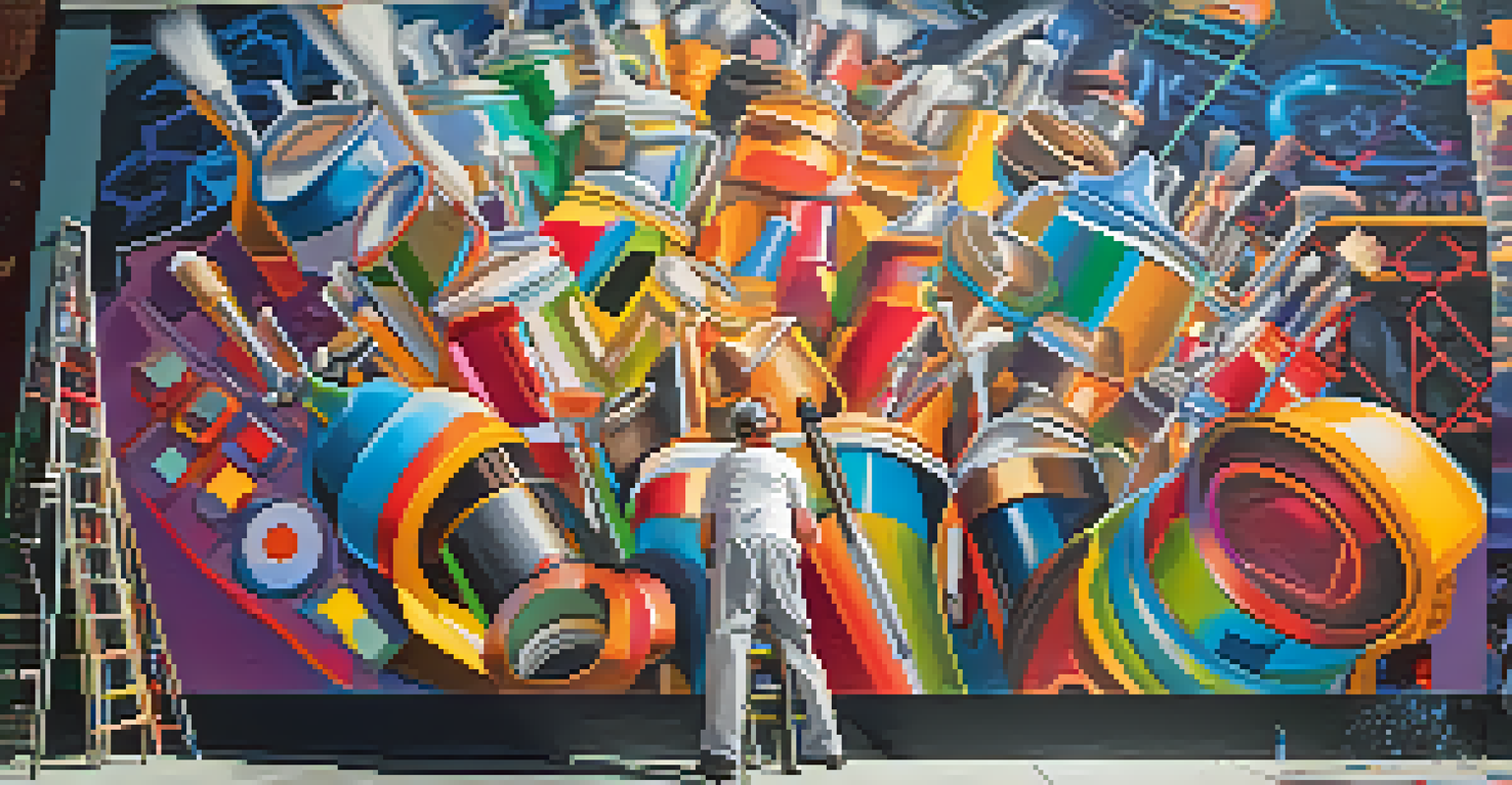 An artist painting a large mural in San Francisco, showcasing their dedication and colorful artwork in progress.