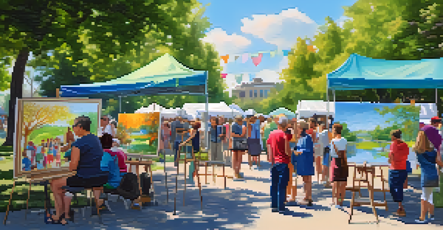 A community art event in a park with local artists showcasing their work and people engaging around them.