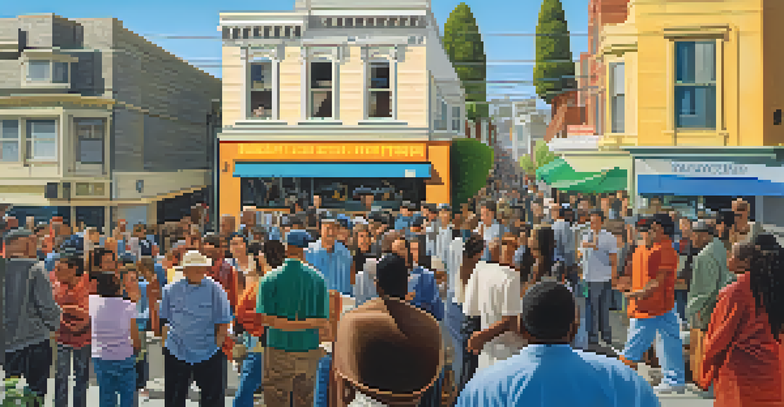 A neighborhood watch meeting in San Francisco with diverse residents discussing safety, set against a colorful mural in an urban street scene.
