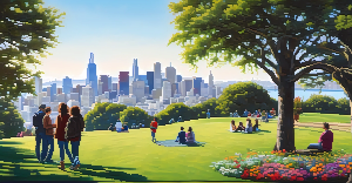 A peaceful urban park in San Francisco, with people relaxing among green grass and flowers, and the city skyline in the background.