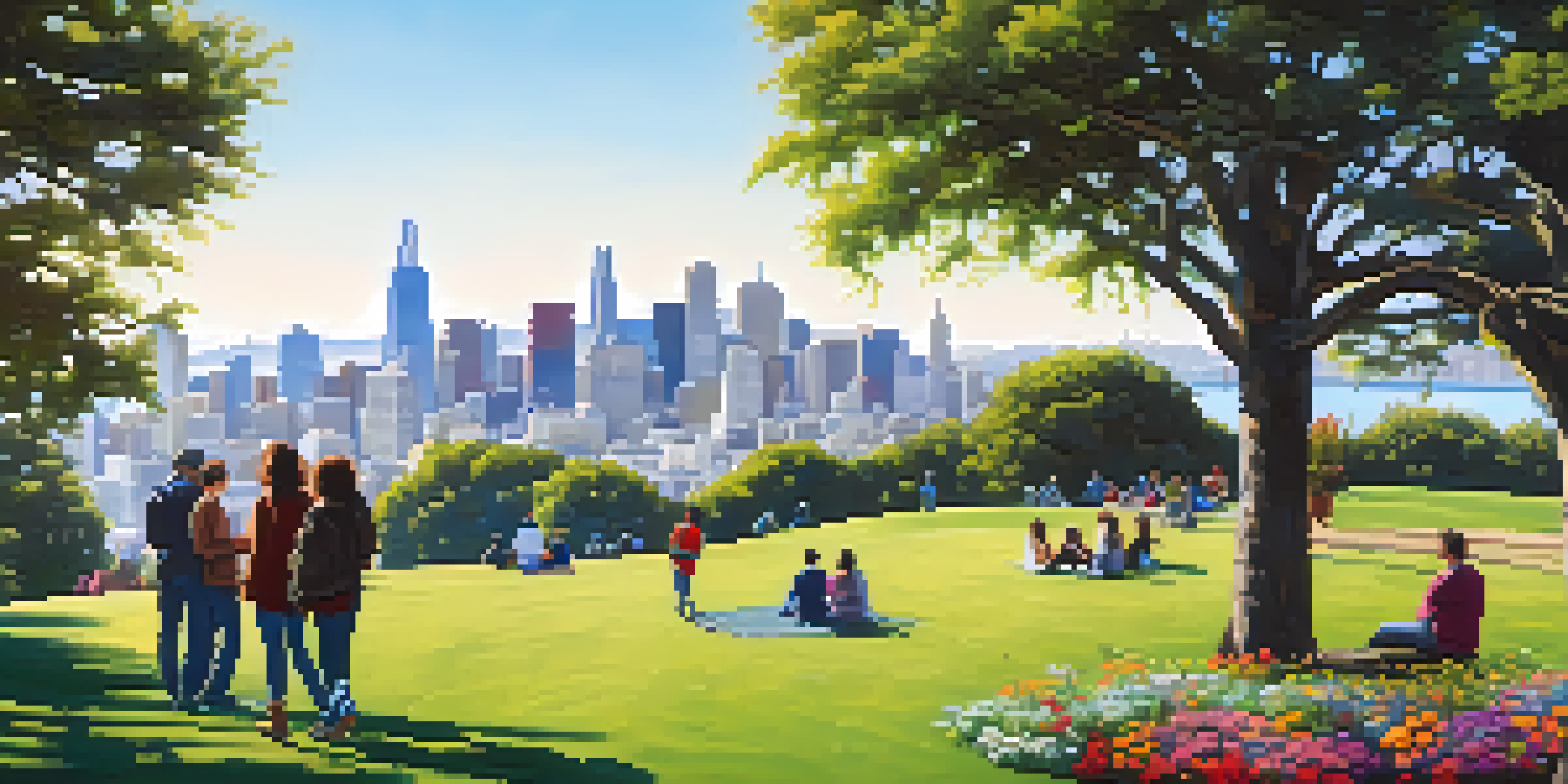 A peaceful urban park in San Francisco, with people relaxing among green grass and flowers, and the city skyline in the background.