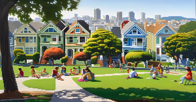 A park in Visitacion Valley with families picnicking and children playing.