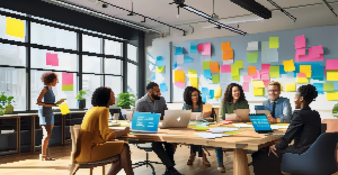 A diverse group of professionals working together in a bright, modern office, showcasing teamwork and collaboration.