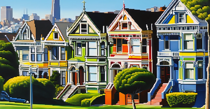A colorful row of historic Victorian houses in Alamo Square, with a clear blue sky and city skyline in the background.