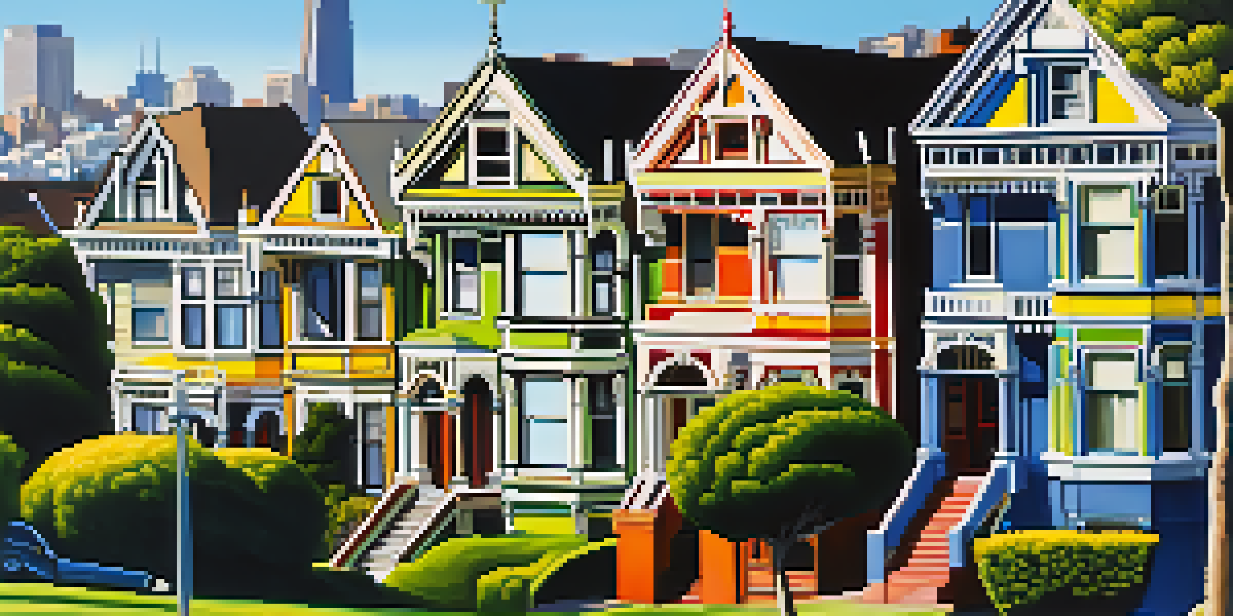 A colorful row of historic Victorian houses in Alamo Square, with a clear blue sky and city skyline in the background.