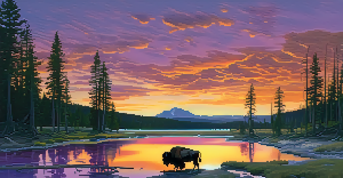 A scenic sunset view of Yellowstone National Park with a bubbling hot spring and a grazing bison.