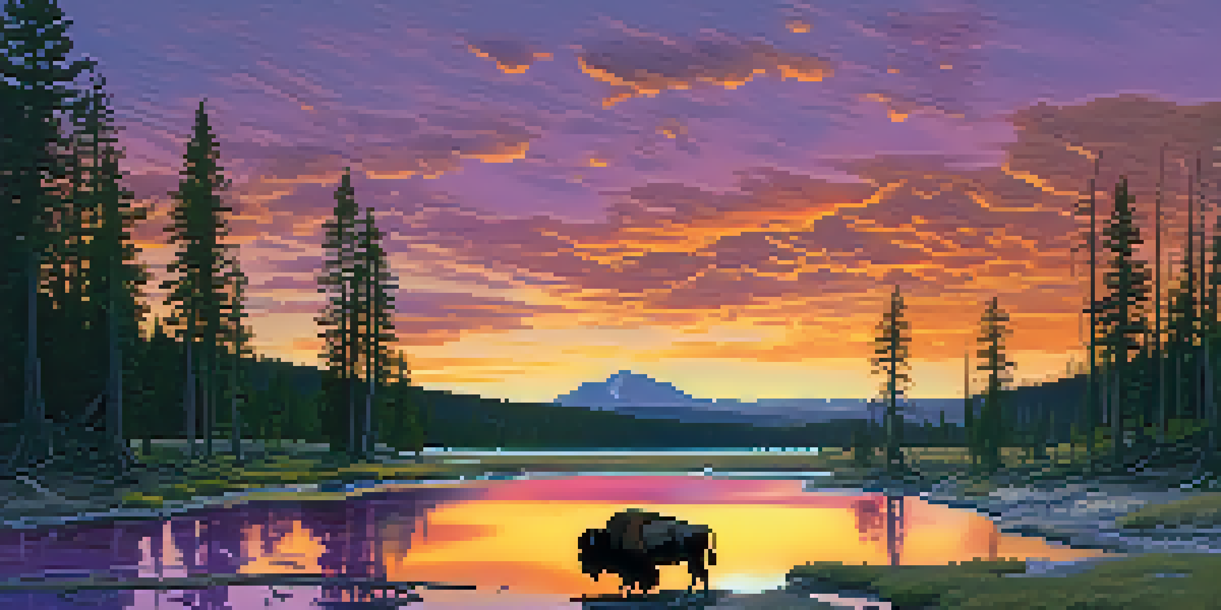 A scenic sunset view of Yellowstone National Park with a bubbling hot spring and a grazing bison.