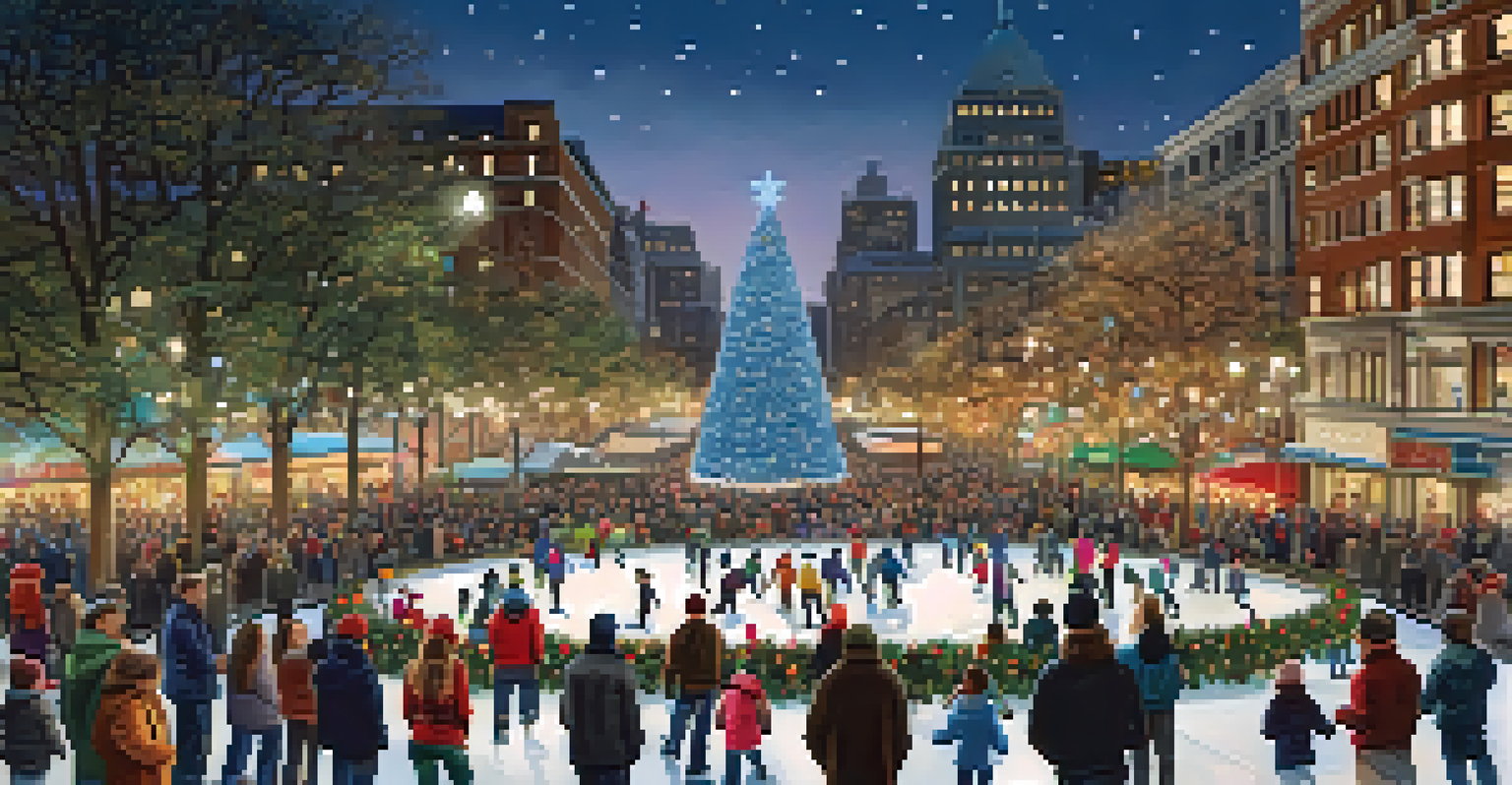 An 80-foot Christmas tree lit up in Union Square with families ice skating nearby.