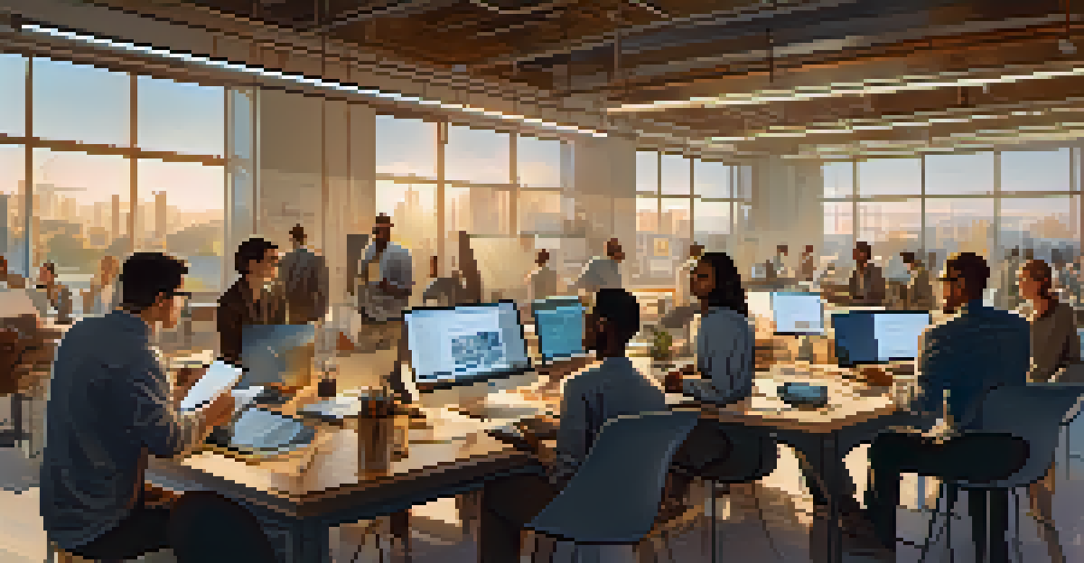 A diverse group of engineers and entrepreneurs collaborating at a table with laptops and sketches.