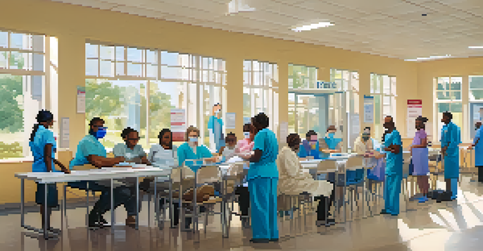 A community vaccination clinic with people of different ages and backgrounds receiving vaccines from healthcare professionals in a bright and welcoming environment.