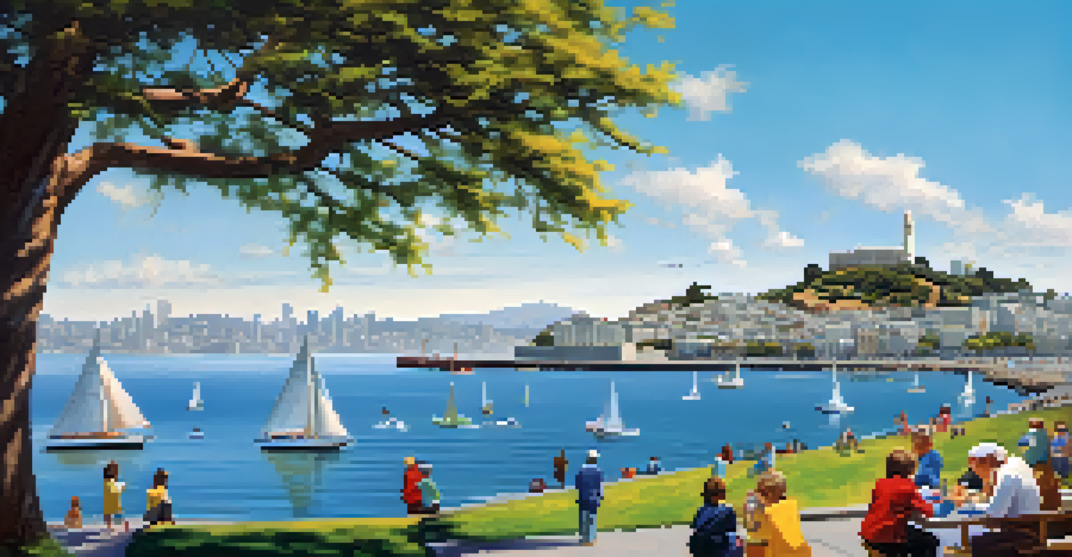 A scenic view of San Francisco's waterfront with Alcatraz Island and a lively park.