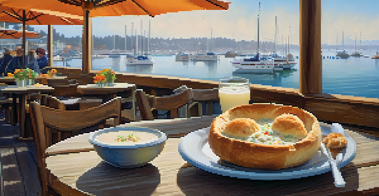 A delicious clam chowder in a sourdough bread bowl on a table with the bay view at Fisherman’s Wharf.