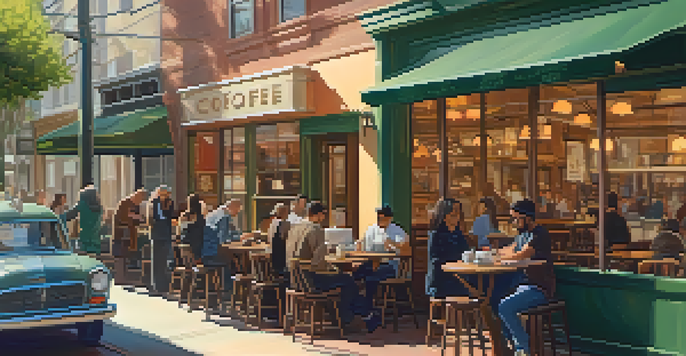 A bright and inviting cafe in San Francisco with wooden tables, customers working on laptops, and a barista making coffee.