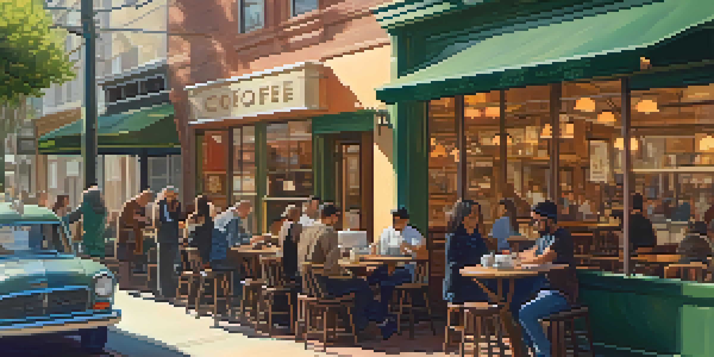 A bright and inviting cafe in San Francisco with wooden tables, customers working on laptops, and a barista making coffee.