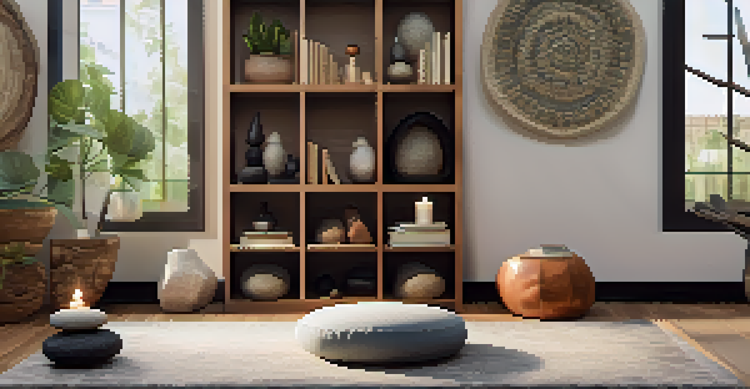 A personalized mindfulness space with a meditation cushion, yoga mat, books, and decorative elements like stones and artwork.