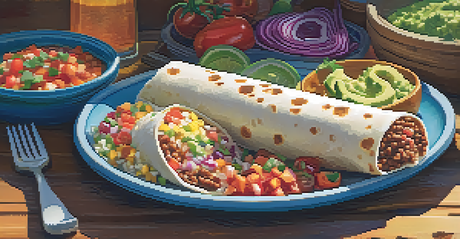 A delicious Mission-style burrito displayed on a wooden table with vibrant ingredients and small bowls of salsa.
