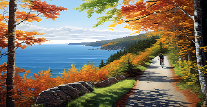 A cyclist riding along a winding bike path next to the rugged Maine coastline, surrounded by lush green forests and vibrant autumn colors.