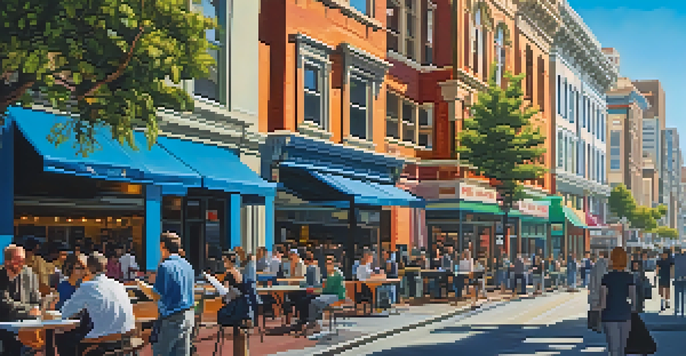A busy street in San Francisco showcasing diverse professionals, outdoor cafes, and colorful murals.