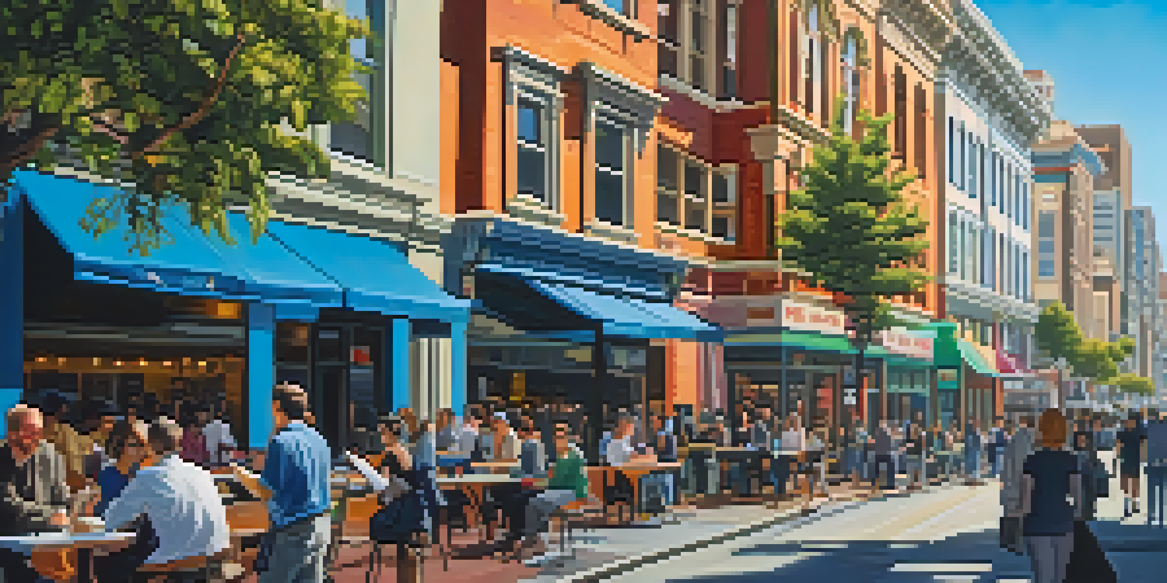 A busy street in San Francisco showcasing diverse professionals, outdoor cafes, and colorful murals.