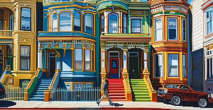 A lively scene depicting colorful Victorian and Edwardian houses in the Mission District, with people walking and murals visible on the walls.