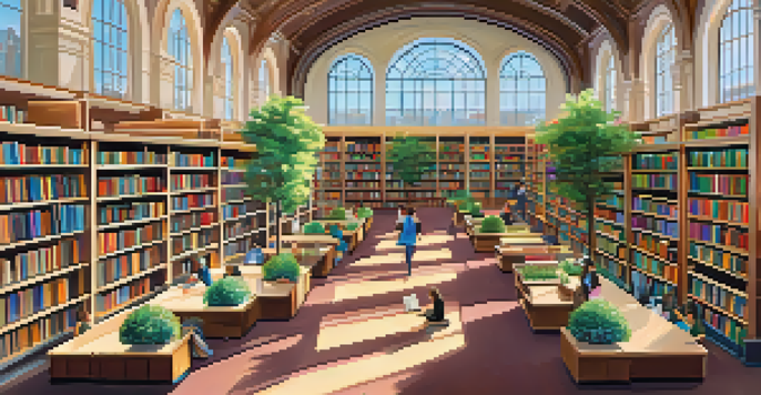 An interior view of a San Francisco Public Library with people reading and studying among colorful bookshelves and plants.