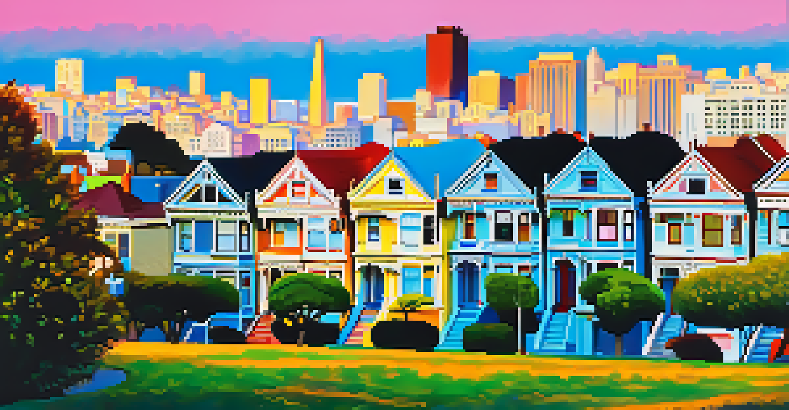 Colorful Victorian houses known as the Painted Ladies with the San Francisco skyline in the background, taken from Alamo Square Park.