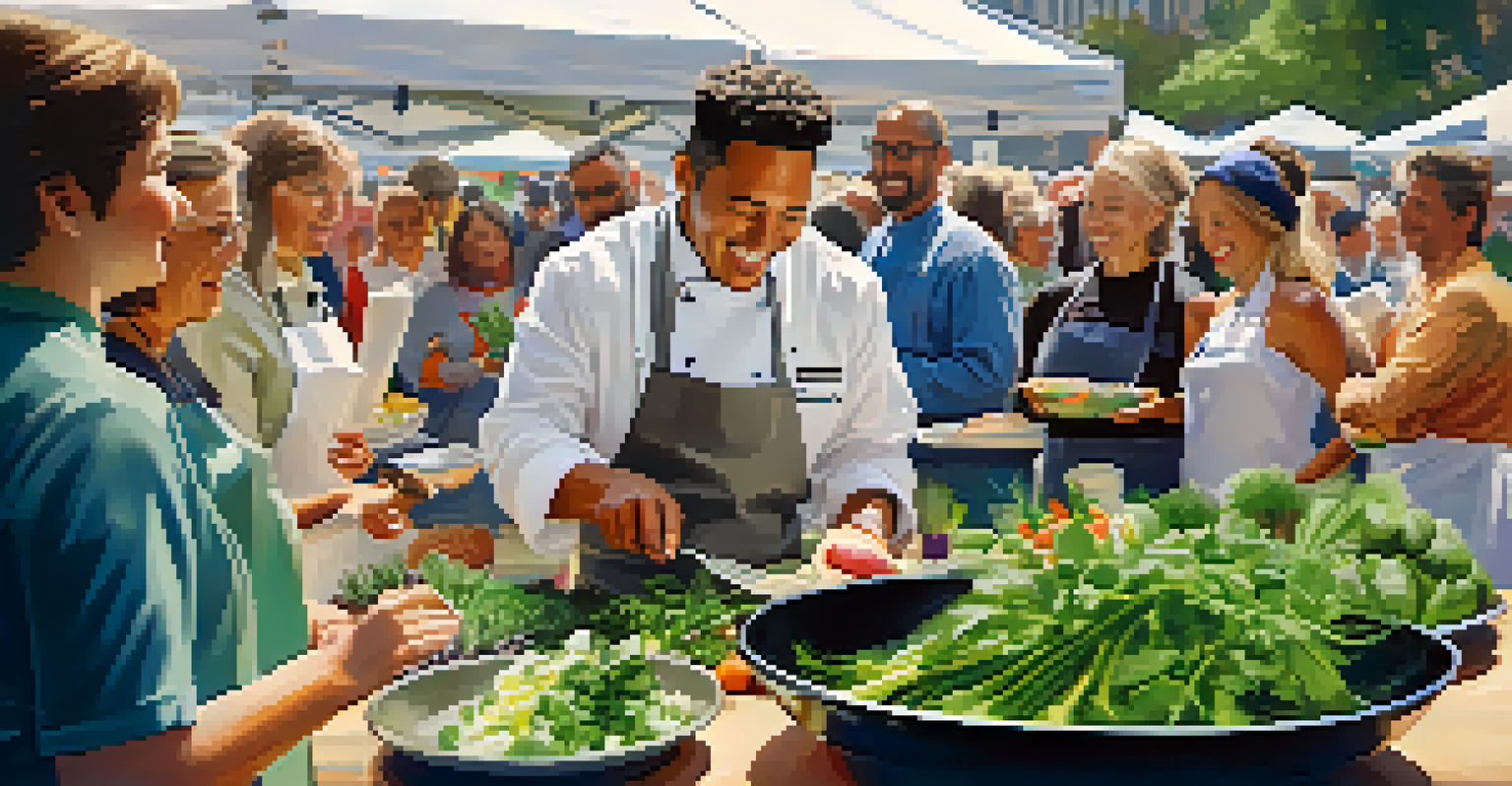 A chef conducting a cooking demonstration at a farmers market, surrounded by fresh ingredients and an interested audience.