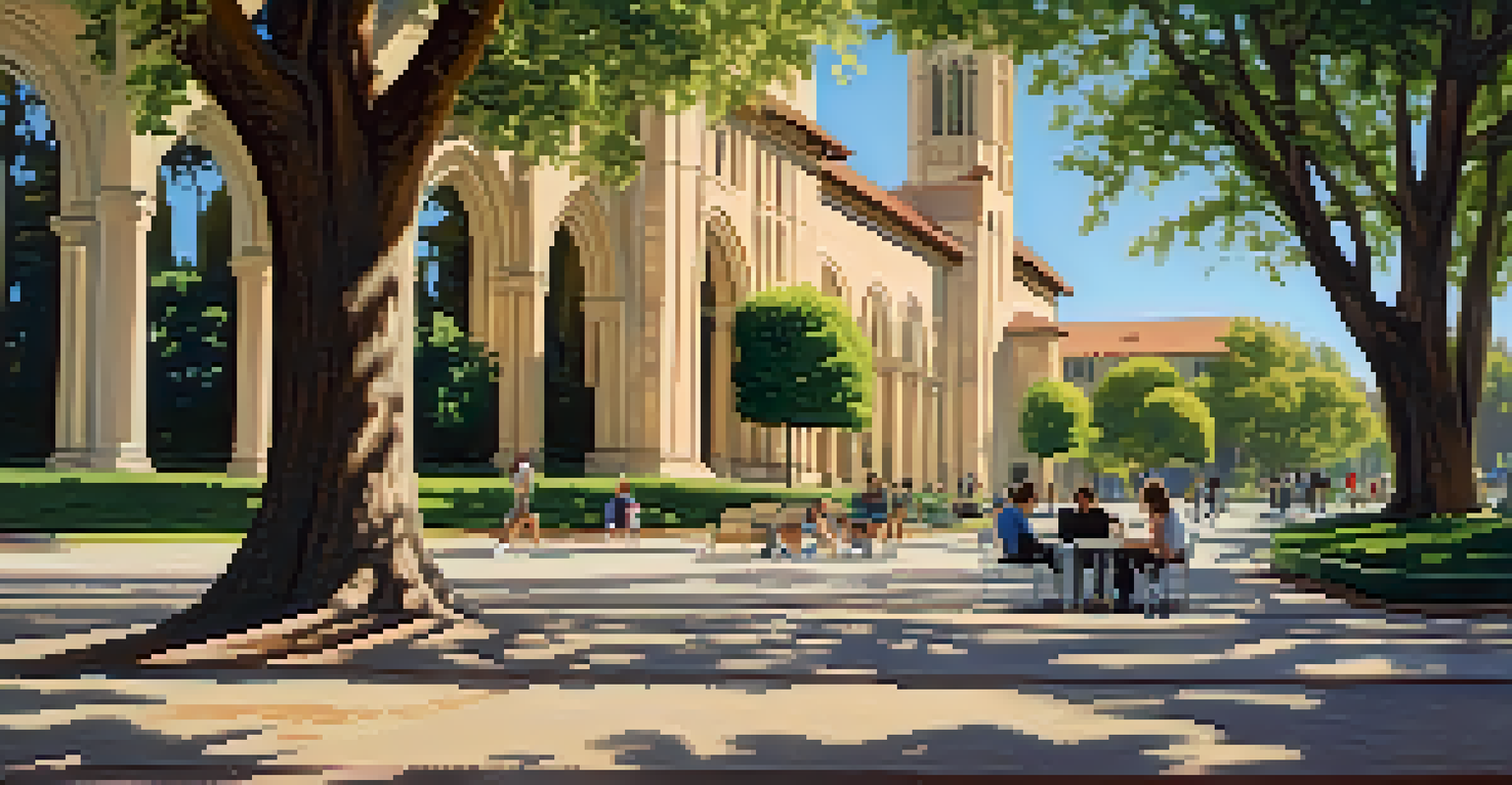 A picturesque view of Stanford University with students studying and collaborating in a vibrant campus setting.