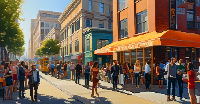 A lively urban scene in San Francisco with entrepreneurs discussing outside a co-working space, surrounded by colorful art and warm sunlight.