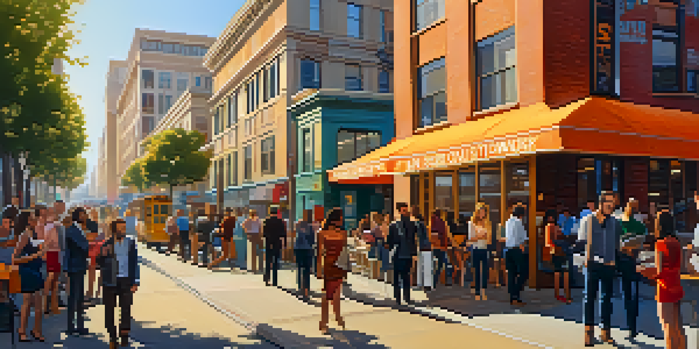 A lively urban scene in San Francisco with entrepreneurs discussing outside a co-working space, surrounded by colorful art and warm sunlight.