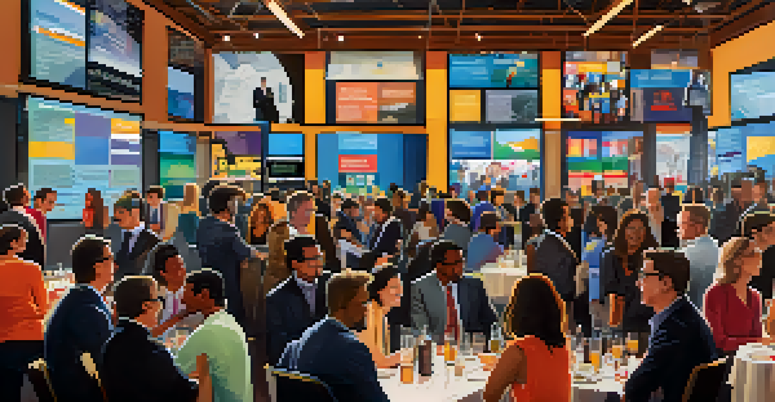 A networking event in San Francisco with entrepreneurs and investors mingling and discussing.