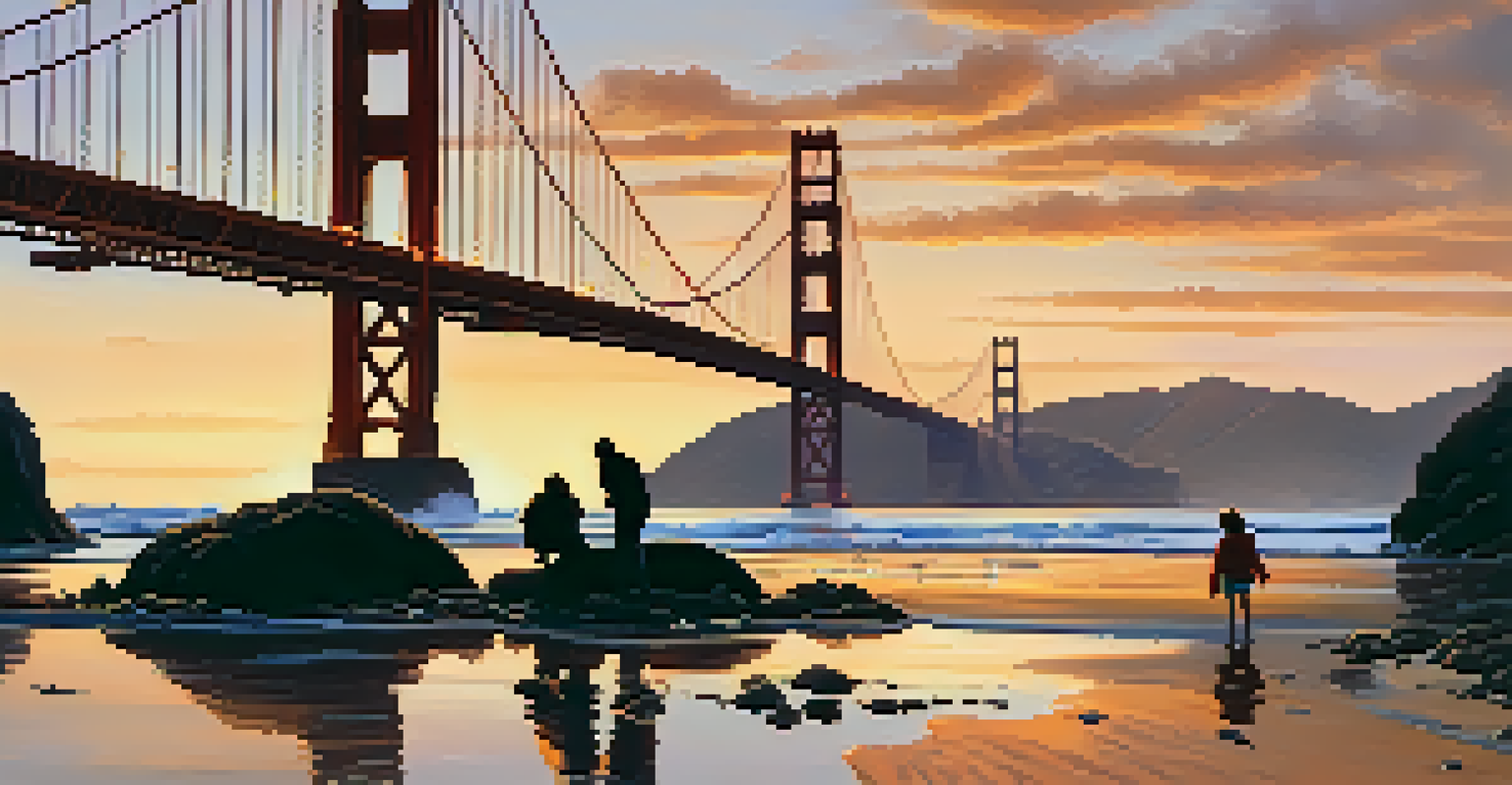 A family exploring tide pools at Baker Beach with the Golden Gate Bridge at sunset.