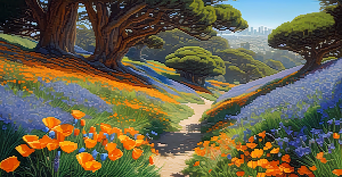 A colorful view of San Francisco's Botanical Gardens showcasing California poppies, blue-eyed grass, and a coast live oak tree under sunny skies.