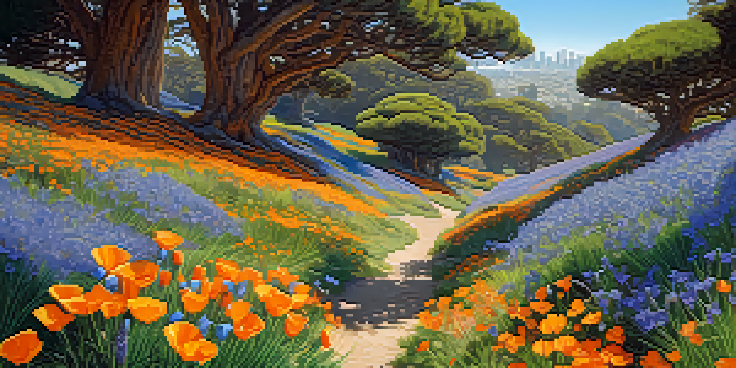 A colorful view of San Francisco's Botanical Gardens showcasing California poppies, blue-eyed grass, and a coast live oak tree under sunny skies.
