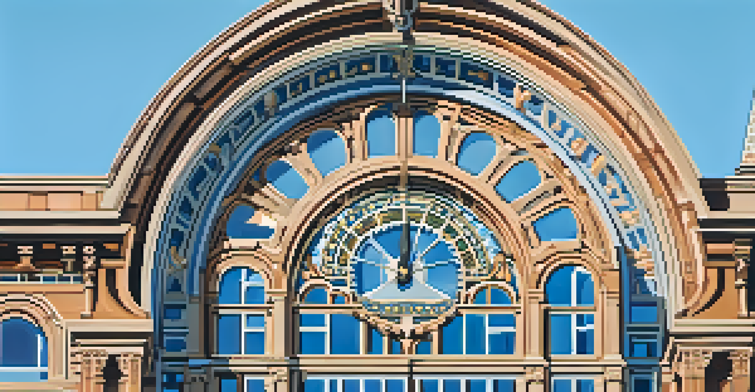 Detailed architectural features of the Ferry Building, showcasing arched windows and ornate designs against a blue sky.