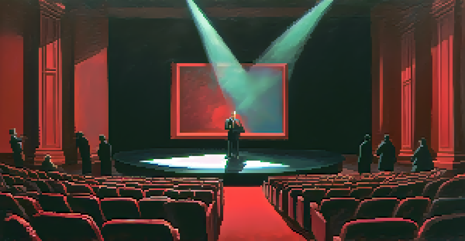 A theater scene with a single actor in a spotlight delivering a monologue about social issues, with a dramatic abstract set.