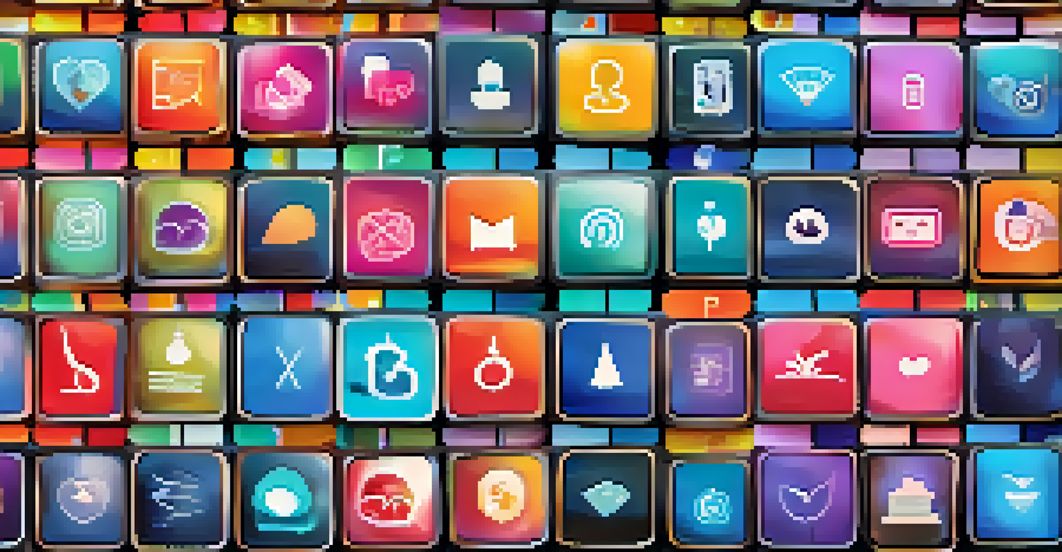 A smartphone screen displaying colorful icons of mental health apps in a grid layout.