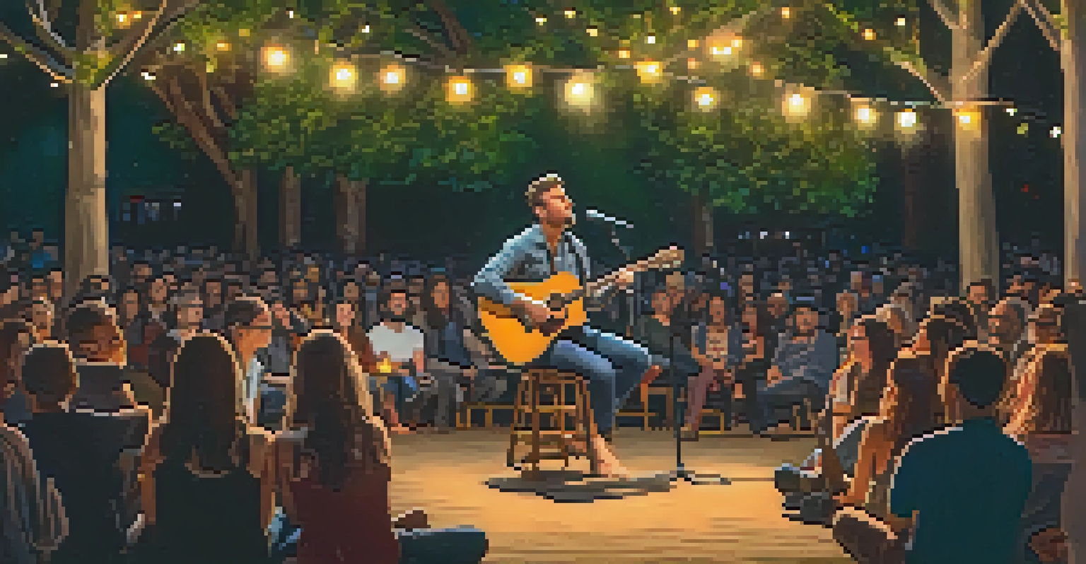 A local artist performing at the Mission Folk Festival, with an intimate audience sitting on blankets in a cozy, fairy-lit setting.