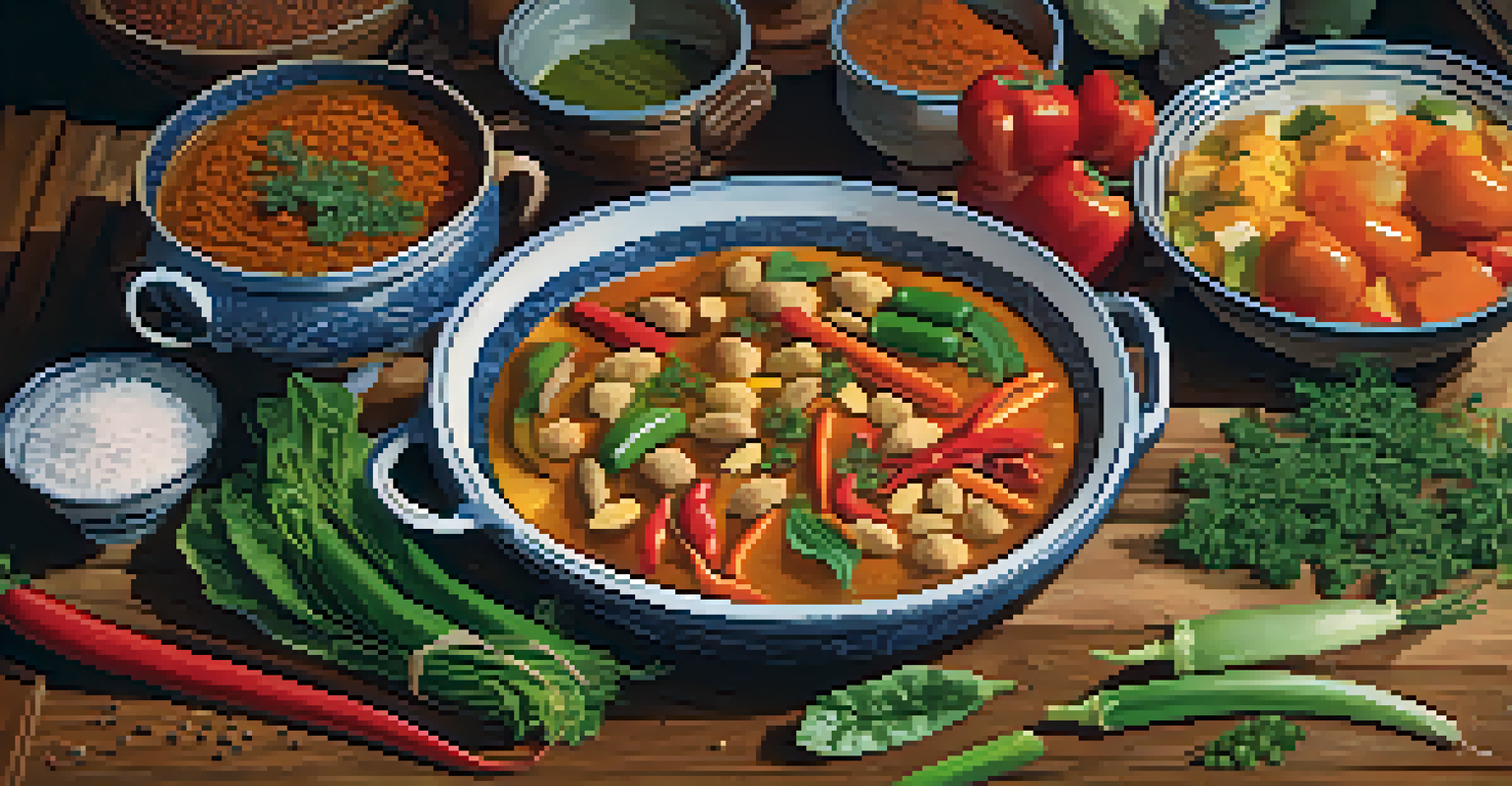 A close-up view of a traditional dish being prepared in a rustic kitchen, featuring colorful fresh ingredients that represent cultural exchange.