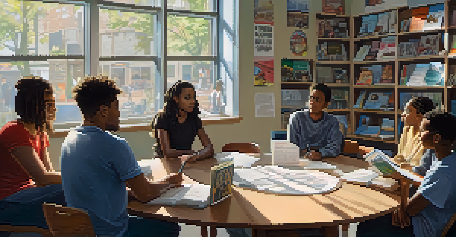 A diverse group of students discussing social justice issues at a round table in a bright educational setting with books and posters.