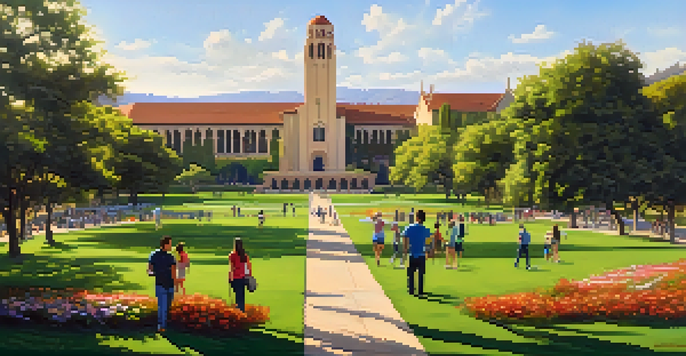 A panoramic view of Stanford University campus with Hoover Tower, green lawns, and students in sunlight.
