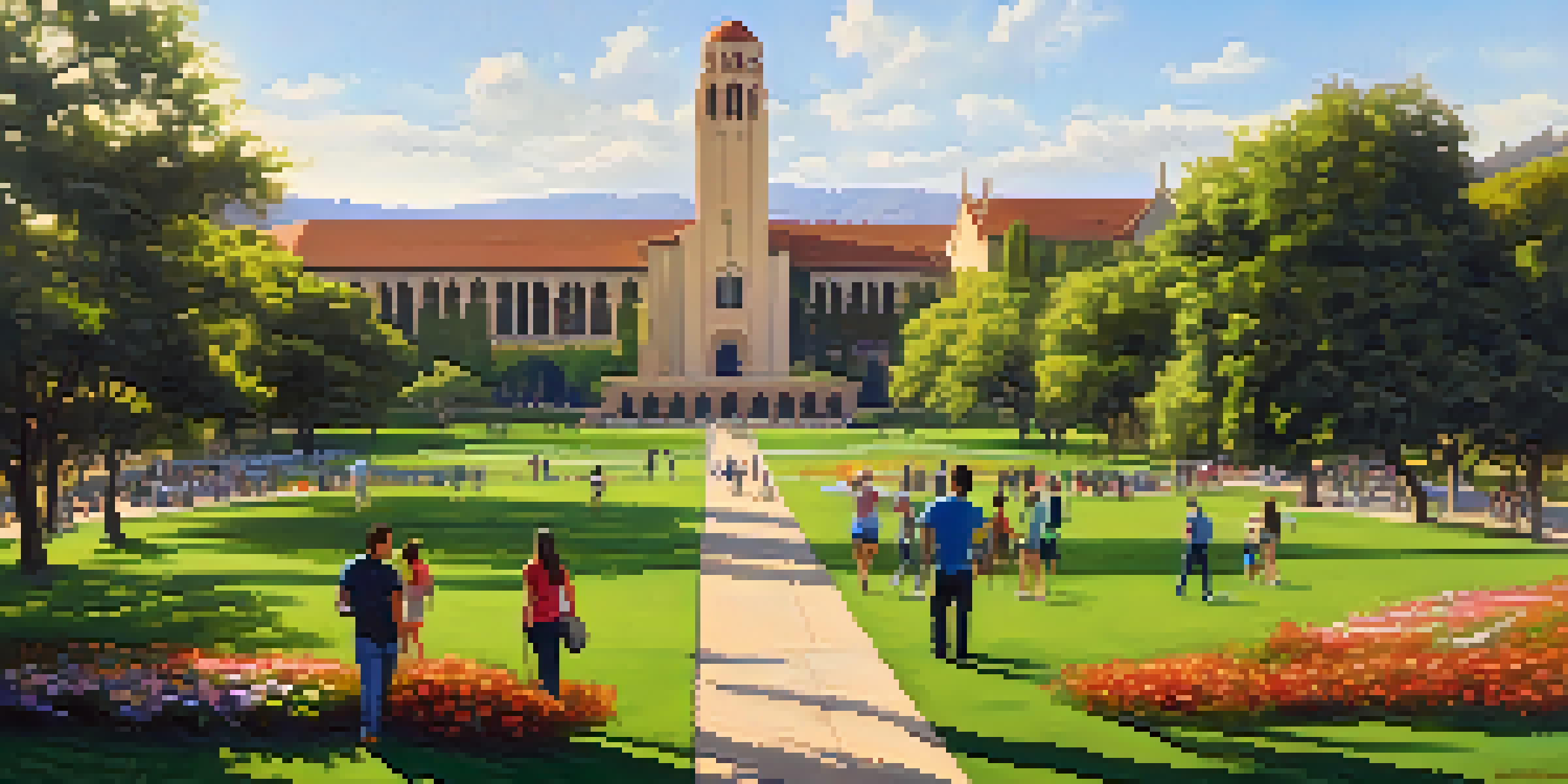 A panoramic view of Stanford University campus with Hoover Tower, green lawns, and students in sunlight.