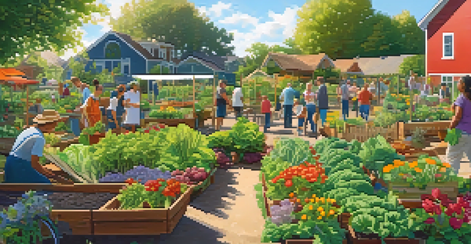 A community garden with people of different ages tending to vegetables and flowers under warm sunlight.