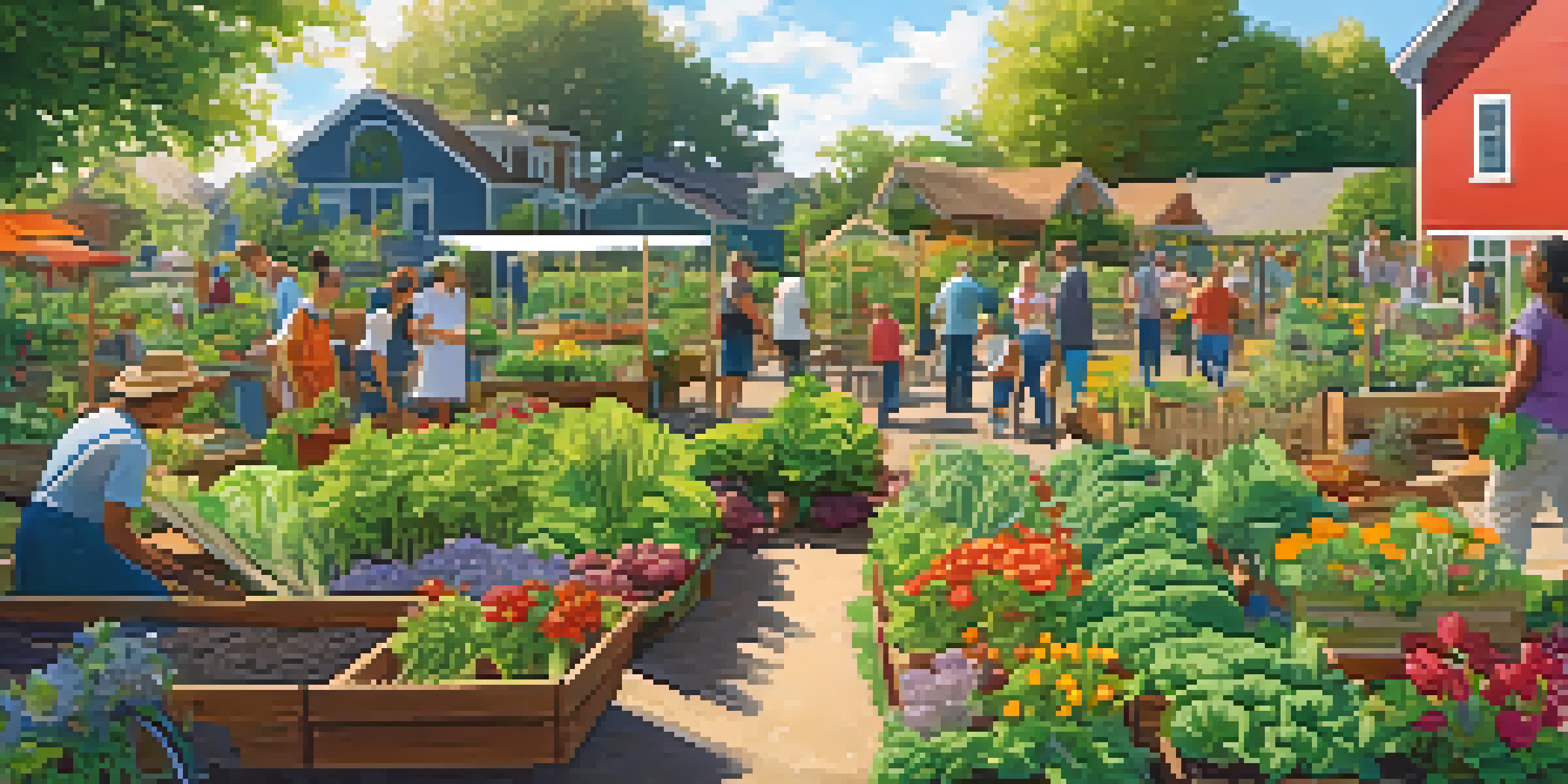 A community garden with people of different ages tending to vegetables and flowers under warm sunlight.