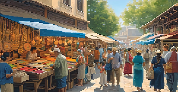 A busy craft market with artisans displaying handmade goods and visitors interacting, surrounded by colorful products and a sunny atmosphere.