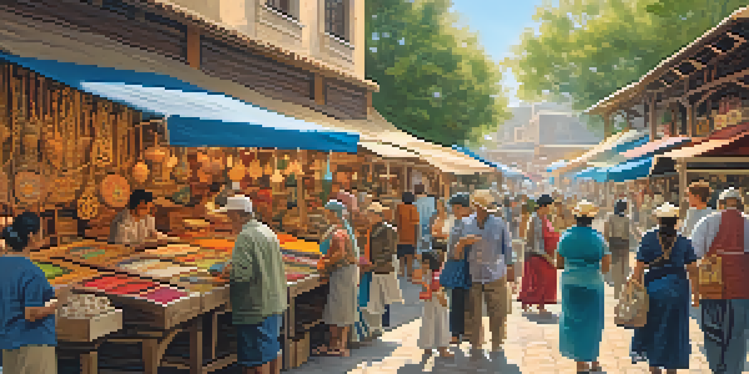 A busy craft market with artisans displaying handmade goods and visitors interacting, surrounded by colorful products and a sunny atmosphere.