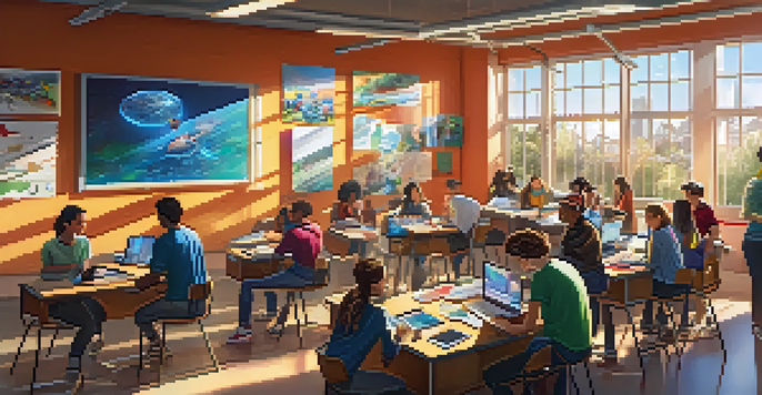 A classroom at Stanford University with diverse students working together on projects, surrounded by technology and bright sunlight.