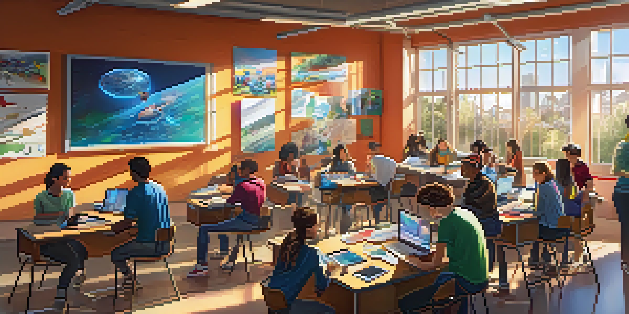A classroom at Stanford University with diverse students working together on projects, surrounded by technology and bright sunlight.