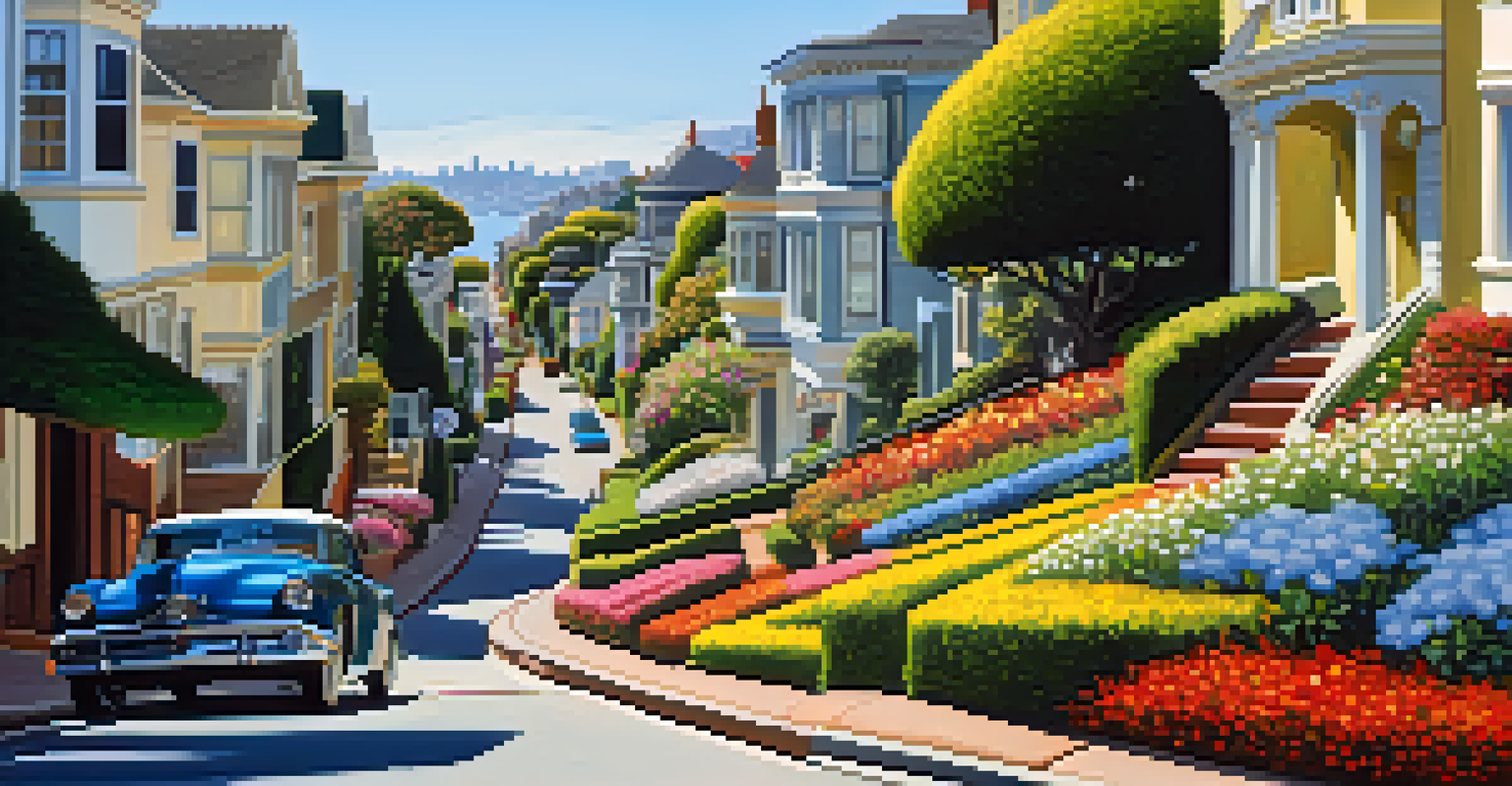 The crooked Lombard Street with beautiful flowerbeds and Victorian homes on a sunny day, showcasing its famous turns.